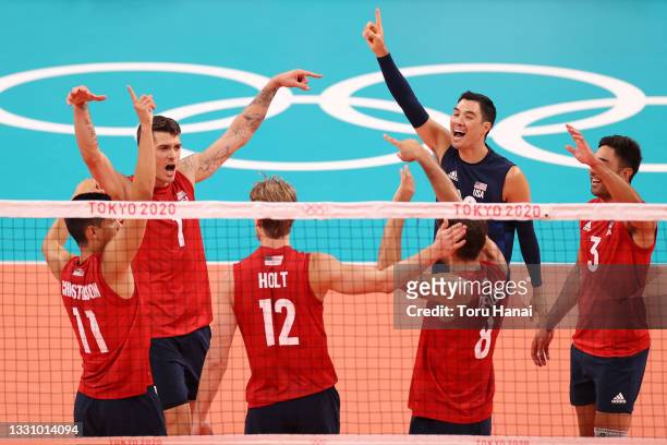 Team United States celebrates against Team Tunisia during the Men's Preliminary Round - Pool B volleyball on day five of the Tokyo 2020 Olympic Games...