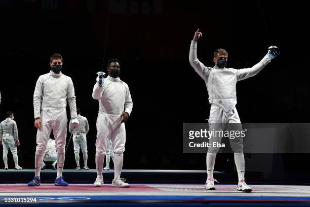 Team United States prior to their match against Team Hungary in Men's Sabre Team Quarterfinal on day five of the Tokyo 2020 Olympic Games at Makuhari...
