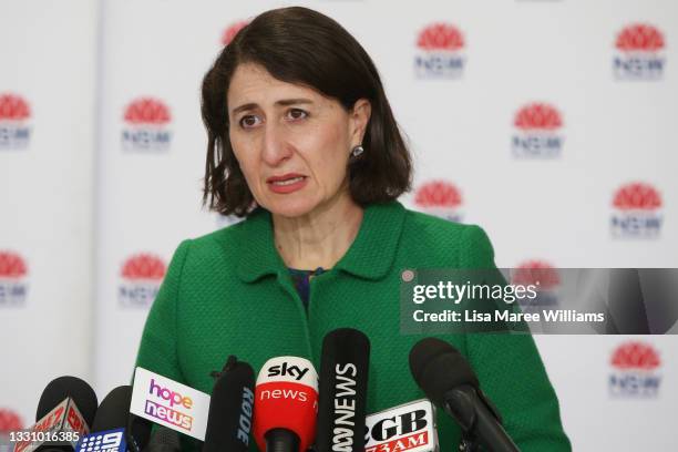 Premier Gladys Berejiklian speaks during a COVID-19 update and news conference on July 28, 2021 in Sydney, Australia. Lockdown restrictions for...