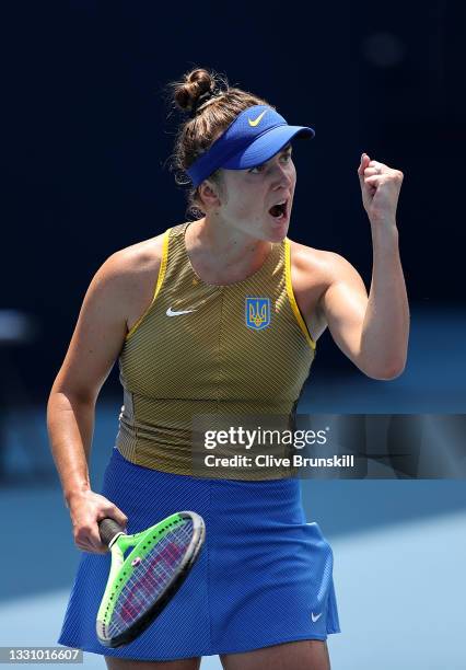 Elina Svitolina of Team Ukraine celebrates after a point during her Women's Singles Quarterfinal match against Camila Giorgi of Team Italy on day...