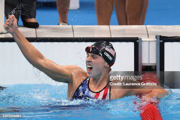 Katie Ledecky of Team United States celebrates after winning the Women’s 1500m Freestyle Final on day five of the Tokyo 2020 Olympic Games at Tokyo...