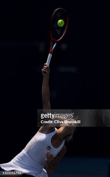 Camila Giorgi of Team Italy serves during her Women's Singles Quarterfinal match against Elina Svitolina of Team Ukraine on day five of the Tokyo...