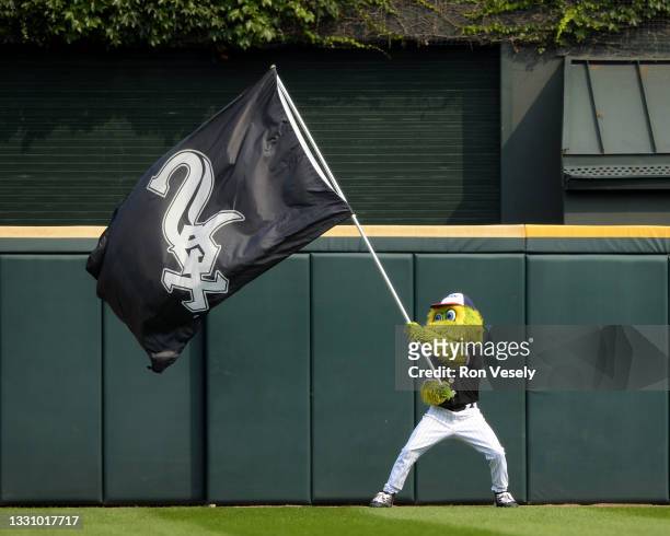 Southpaw, the Chicago White Sox mascot entertains the crowd against the Minnesota Twins during the first game of a doubleheader on July 19, 2021 at...