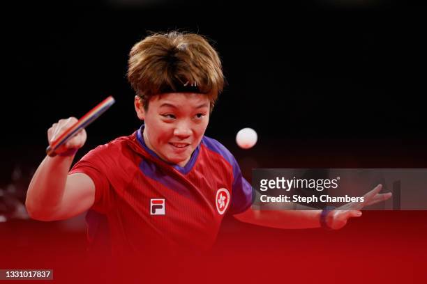 Doo Hoi Kem of Team Hong Kong in action during her Women's Singles Quarterfinals table tennis match on day five of the Tokyo 2020 Olympic Games at...