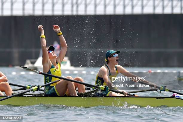 Harriet Hudson and Caitlin Cronin of Team Australia celebrate winning the bronze medal during the Women's Quadruple Sculls Final A on day five of the...