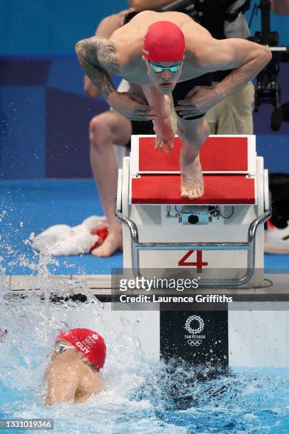 James Guy and Matthew Richards of Team Great Britain compete in the Men's 4 x 200m Freestyle Relay Final on day five of the Tokyo 2020 Olympic Games...