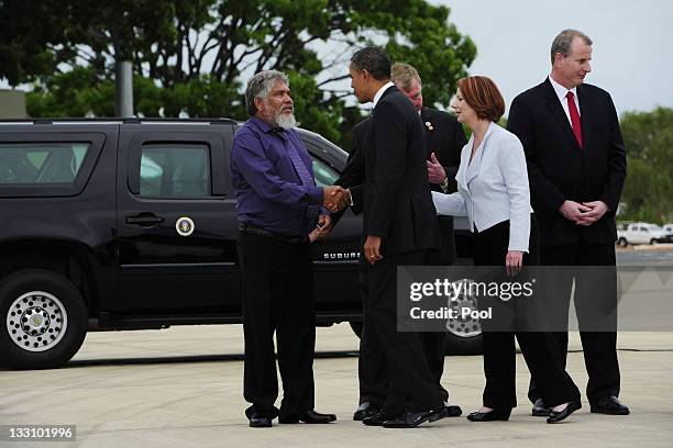 President Barack Obama is introduced to Larrrakia Indigenous Elder William Risk , US Consular General Frank Urbancic and Northern Territory Chief...