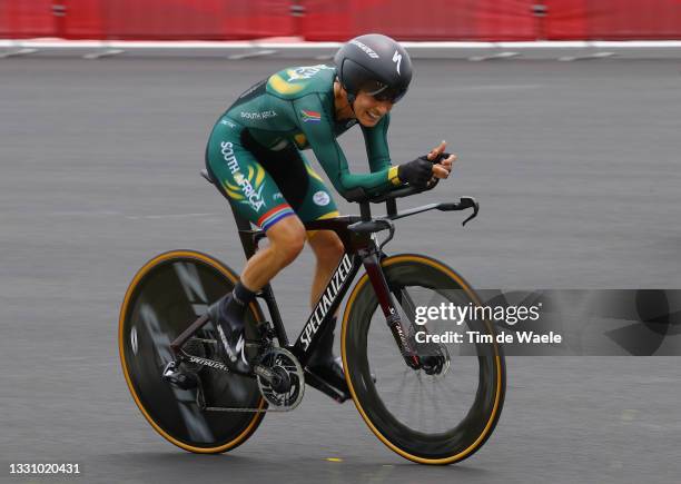 Ashleigh Moolman-Pasio of Team South Africa rides during the Women's Individual time trial on day five of the Tokyo 2020 Olympic Games at Fuji...