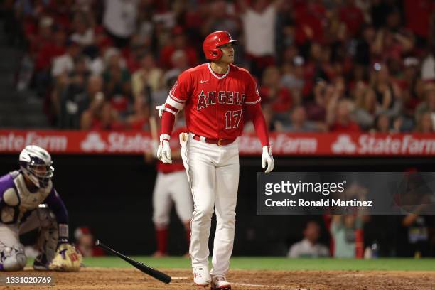 Shohei Ohtani of the Los Angeles Angels hits a two-run home run against the Colorado Rockies in the fifth inning at Angel Stadium of Anaheim on July...