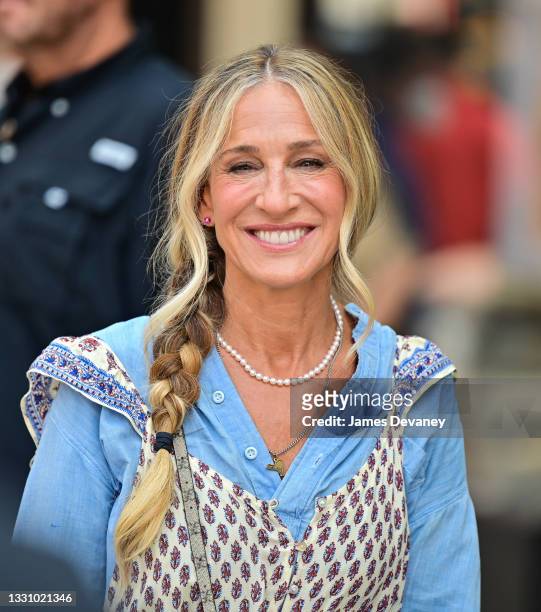 Sarah Jessica Parker seen on the set of "And Just Like That..." the follow up series to "Sex and the City" on the Upper West Side on July 27, 2021 in...
