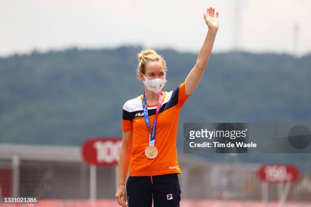 Anna van der Breggen of Team Netherlands poses with the bronze medal after the Women's Individual time trial on day five of the Tokyo 2020 Olympic...