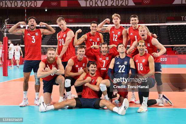 Team United States celebrates after defeating Team Tunisia during the Men's Preliminary Round - Pool B volleyball on day five of the Tokyo 2020...