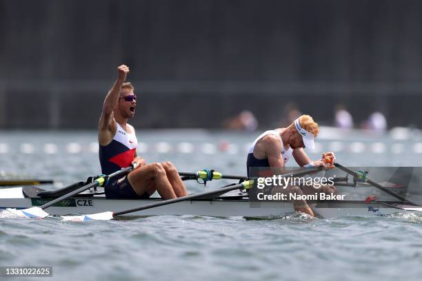Jiri Simanek and Miroslav Vrastil of Team Czech Republic celebrate during the Lightweight Men's Double Sculls Semifinal A/B 1 on day five of the...