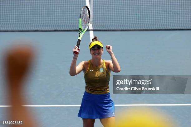 Elina Svitolina of Team Ukraine celebrates after match point during her Women's Singles Quarterfinal match against Camila Giorgi of Team Italy on day...
