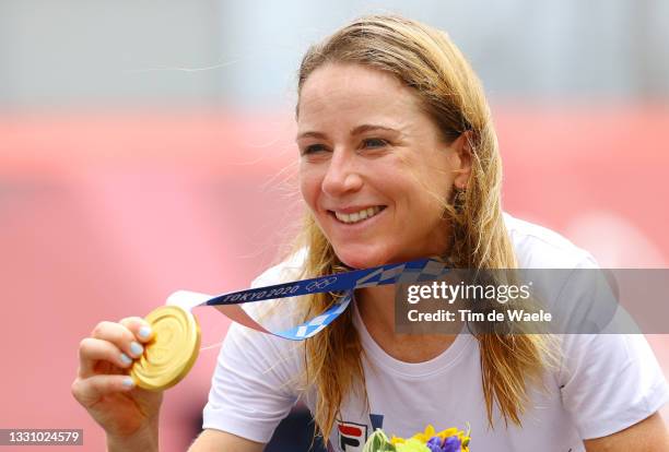 Annemiek van Vleuten of Team Netherlands poses with the gold medal after the Women's Individual time trial on day five of the Tokyo 2020 Olympic...