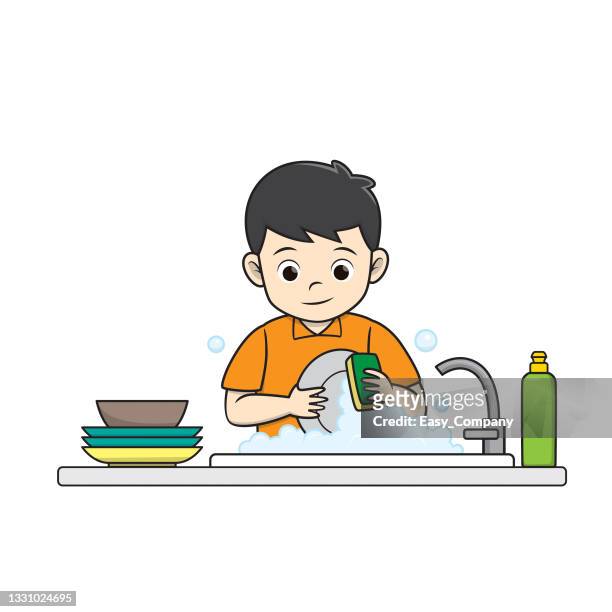 stockillustraties, clipart, cartoons en iconen met color vector illustration of kids activity coloring book page with pictures of kid doing housework by clean dish  . - clean house