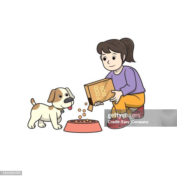 color vector illustration of kids activity coloring book page with pictures of woman doing feeding a dog. - feeding stock illustrations