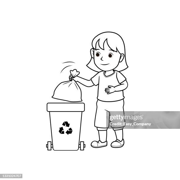 ilustraciones, imágenes clip art, dibujos animados e iconos de stock de ilustración vectorial en blanco y negro de la página del libro para colorear de la actividad de los niños con imágenes de niños haciendo las tareas domésticas tirando basura. - colorear