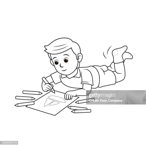 ilustraciones, imágenes clip art, dibujos animados e iconos de stock de ฺla ilustración vectorial blanca y blanca de la página del libro para colorear actividad de los niños con imágenes de niños haciendo colorear. - colorear