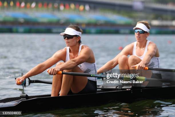 Hannah Osborne and Brooke Donoghue of Team New Zealand row back after winning the silver medal during the Women's Double Sculls Final A on day five...