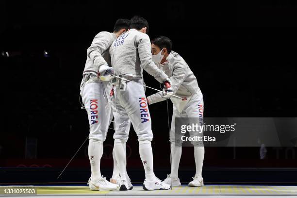 Team South Korea prior to their match against Team Germany in Men's Sabre Team on day five of the Tokyo 2020 Olympic Games at Makuhari Messe Hall on...