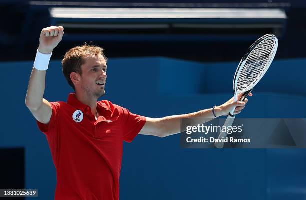 Daniil Medvedev of Team ROC celebrates after match point during his Men's Singles Third Round match against Fabio Fognini of Team Italy on day five...