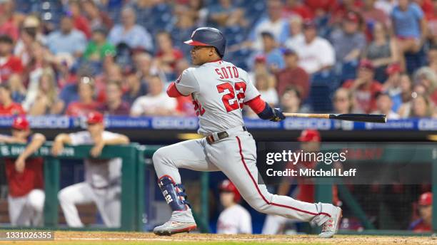 Juan Soto of the Washington Nationals bats against the Philadelphia Phillies at Citizens Bank Park on July 27, 2021 in Philadelphia, Pennsylvania....