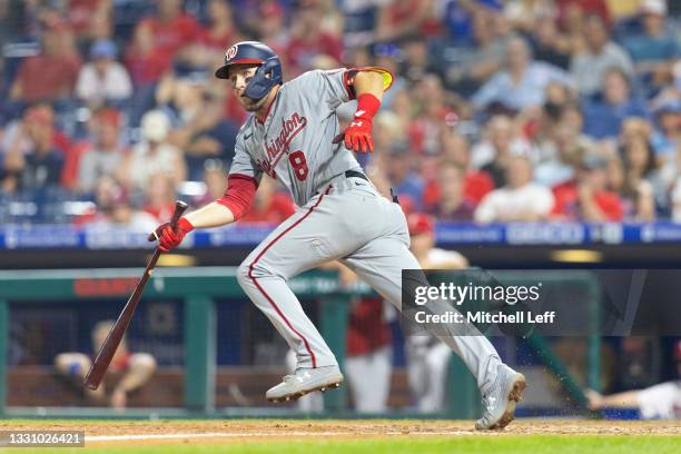 Carter Kieboom of the Washington Nationals bats against the Philadelphia Phillies at Citizens Bank Park on July 27, 2021 in Philadelphia,...