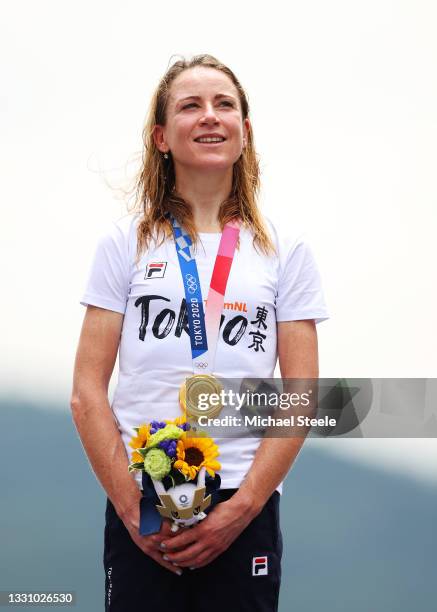 Annemiek van Vleuten of Team Netherlands poses with the gold medal after the Women's Individual time trial on day five of the Tokyo 2020 Olympic...