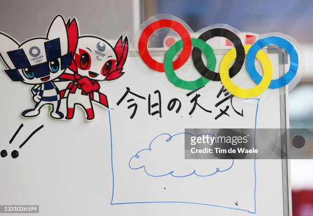 Whiteboard displays the weather forecast in the shape of a cloud during the Women's Individual time trial on day five of the Tokyo 2020 Olympic Games...