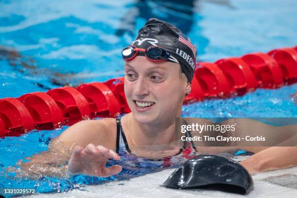 Katie Ledecky of the United States after winning gold in the 1500m final for women during the Swimming Finals at the Tokyo Aquatic Centre at the...