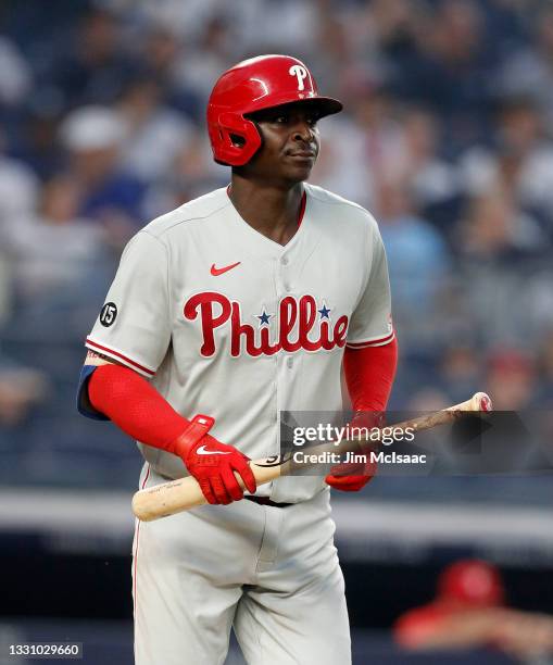 Didi Gregorius of the Philadelphia Phillies in action against the New York Yankees at Yankee Stadium on July 20, 2021 in New York City. The Yankees...