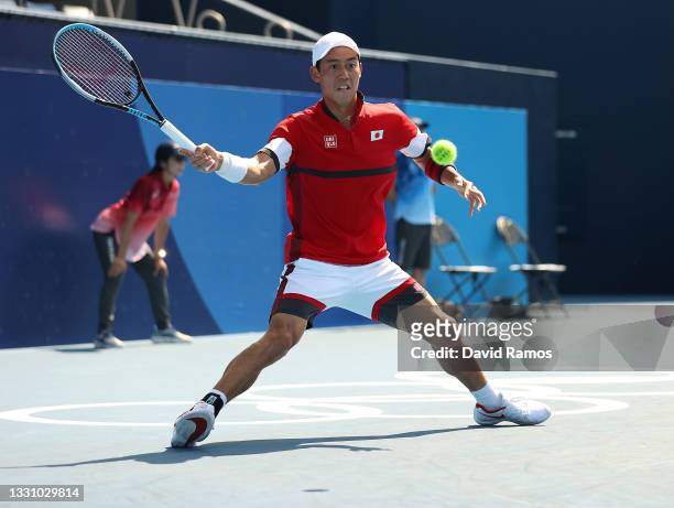 Kei Nishikori of Team Japan plays a forehand during his Men's Singles Third Round match against Ilya Ivashka of Team Belarus on day five of the Tokyo...