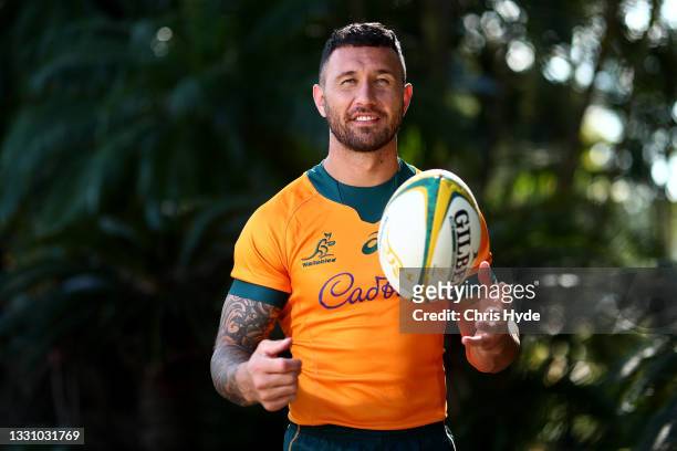 Quade Cooper poses during a portrait session in Wallabies training Camp at Sanctuary Cove on July 28, 2021 in Coomera, Australia.