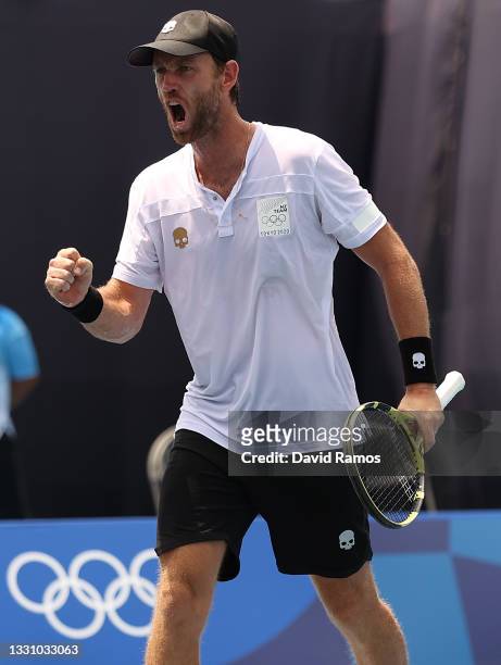 Marcus Daniell of Team New Zealand celebrates after a point during his Men's Doubles Quarterfinal match with Michael Venus of Team New Zealand...