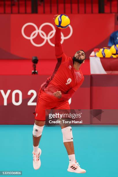 Earvin Ngapeth of Team France serves against Team Argentina during the Men's Preliminary Round - Pool B volleyball on day five of the Tokyo 2020...