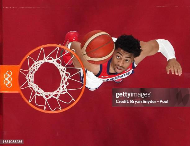 Keldon Johnson of Team United States eyes the ball on the rim during a Men's Preliminary Round Group A game against Iran on day five of the Tokyo...