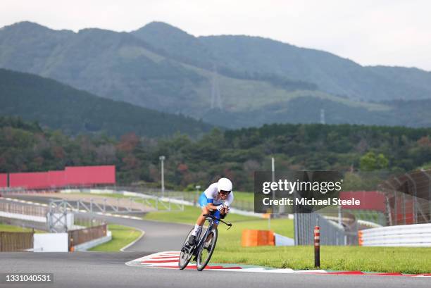 Alberto Bettiol of Team Italy rides during the Men's Individual time trial on day five of the Tokyo 2020 Olympic Games at Fuji International Speedway...