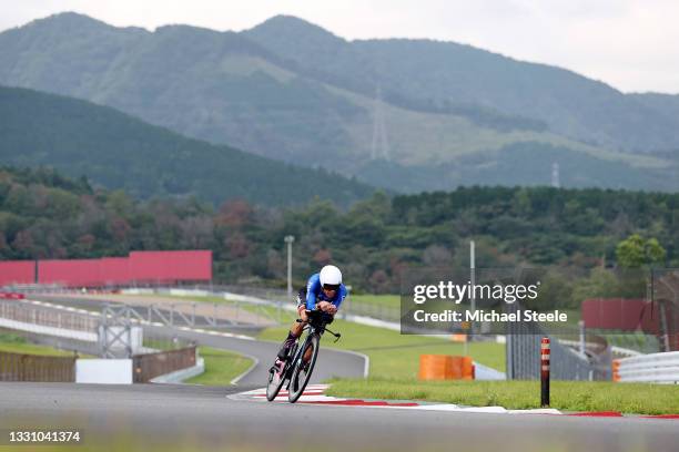 Rigoberto Uran of Team Colombia rides during the Men's Individual time trial on day five of the Tokyo 2020 Olympic Games at Fuji International...