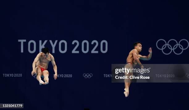 Yahel Castillo Huerta and Juan Manuel Celaya Hernandez of Team Mexico compete during the Men's Synchronised 3m Springboard final on day five of the...