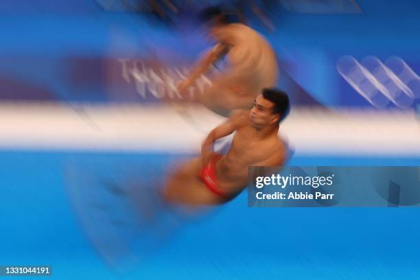 Yahel Castillo Huerta and Juan Manuel Celaya Hernandez of Team Mexico compete during the Men's synchronized three meter final on day five of the...