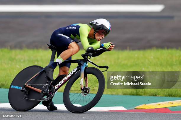 Primoz Roglic of Team Slovenia rides e during the Men's Individual time trial on day five of the Tokyo 2020 Olympic Games at Fuji International...