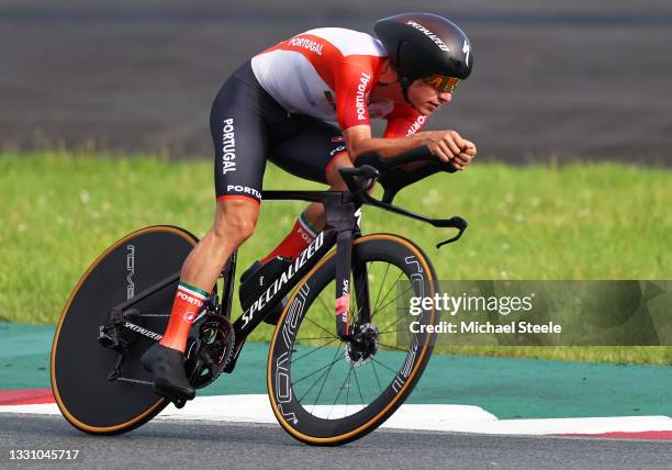 Joao Almeida of Team Portugal rides during the Men's Individual time trial on day five of the Tokyo 2020 Olympic Games at Fuji International Speedway...