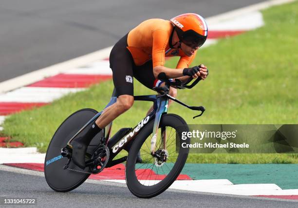 Tom Dumoulin of Team Netherlands rides during the Men's Individual time trial on day five of the Tokyo 2020 Olympic Games at Fuji International...