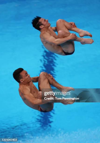 Yahel Castillo Huerta and Juan Manuel Celaya Hernandez of Team Mexico compete during the Men's Synchronised 3m Springboard final on day five of the...