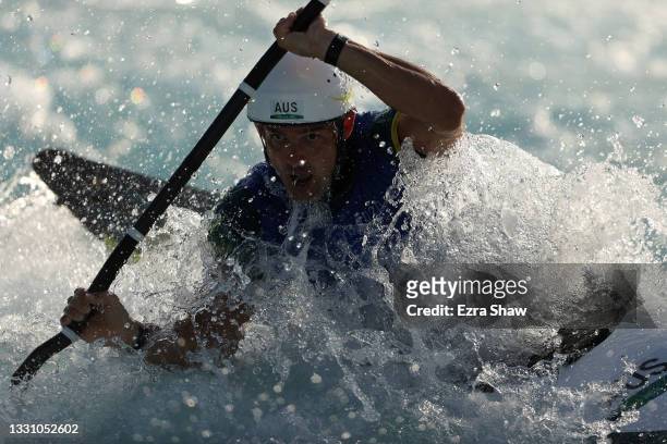Lucien Delfour of Team Australia competes during the Men's Kayak Slalom Heats 2nd Run on day five of the Tokyo 2020 Olympic Games at Kasai Canoe...
