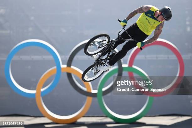 Logan Martin of Team Australia rides during a training session for the Cycling BMX Freestyle at Ariake Urban Sports Park ahead of the Tokyo Olympic...