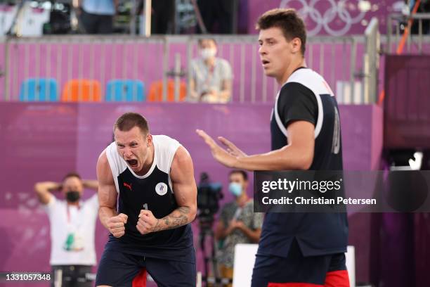 Stanislav Sharov of Team ROC celebrates victory in the 3x3 Basketball competition on day five of the Tokyo 2020 Olympic Games at Aomi Urban Sports...