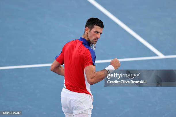 Novak Djokovic of Team Serbia celebrates after match point during his Men's Singles Third Round match against Alejandro Davidovich Fokina of Team...