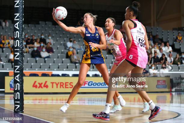 Cara Koenen of the Lightning catches the ball during the round 12 Super Netball match between Sunshine Coast Lightning and Adelaide Thunderbirds at...